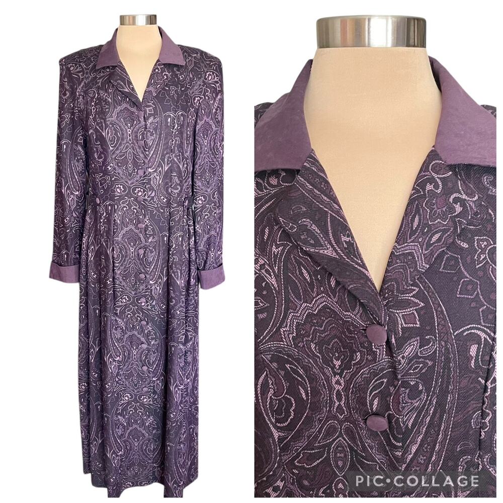 VTG Plaza South Purple Dark Paisley Midi‎ Shirt Dress Size 12 Prairie Cottage